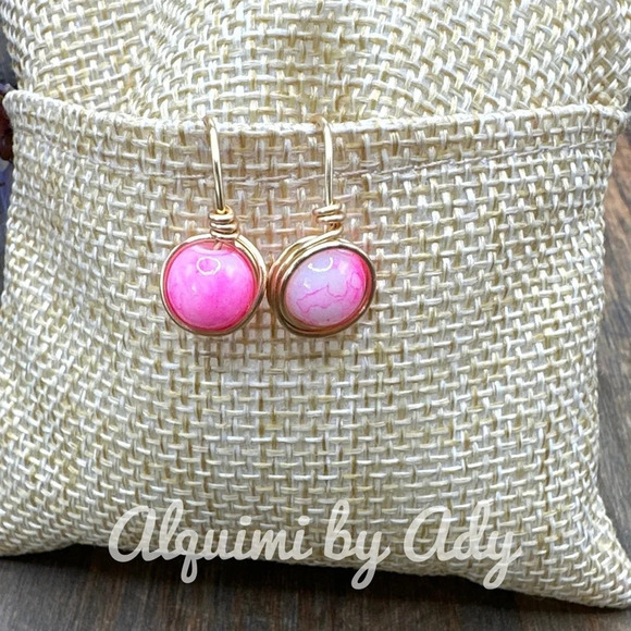 Pink Quartz/Hot pink Agate/Black Rutile needles drops/spheres dangle earrings - Picture 3 of 4